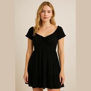 Black Smocked Tiered Mini Dress Cottagecore Skater Babydoll Fit Flowy M